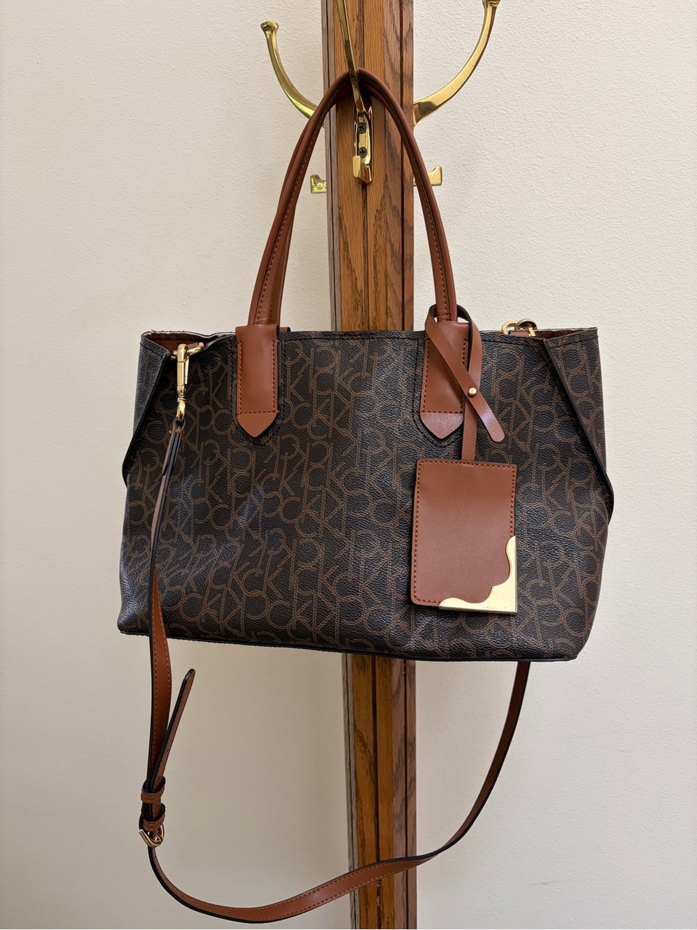 Calvin Klein Brown Monogram Shoulder Tote with Tan Leather Accents